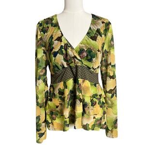 MAJAMAS Nursing Tunic Blouse Womens Large Green Floral V Neck Long Sleeve Shirt